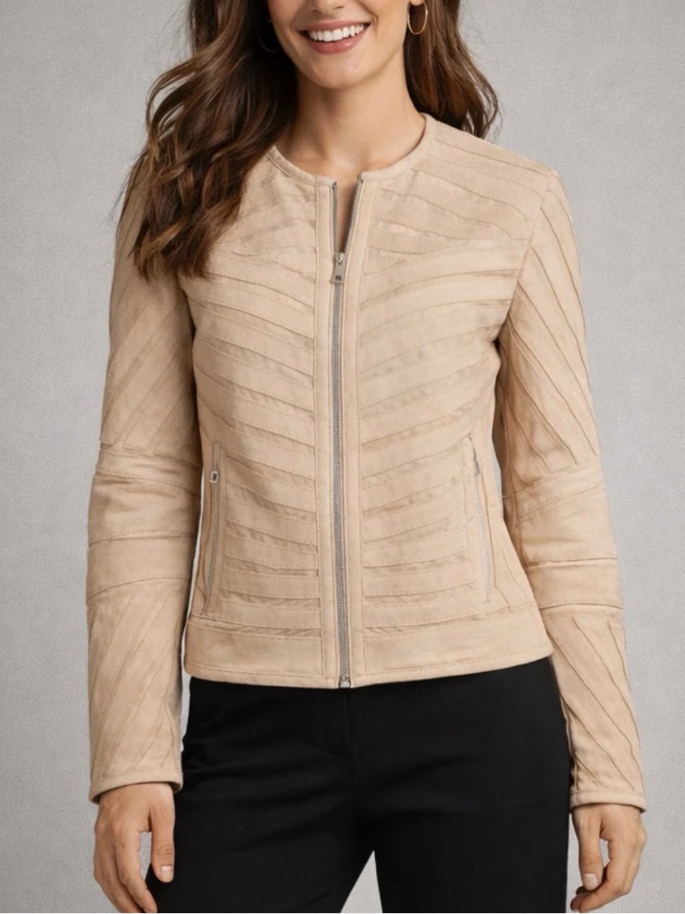 Mauritius Yva RF Beige Nubuck Leather Zip Jacket Size 7/8 Neutral Quiet Luxury